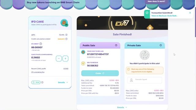 PancakeSwap IFO token ERA участие и результат смотреть онлайн