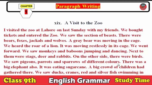 English Grammar 9TH/10th Chapter 1 ! PARAGRAPH WRITING (A Visit To The Zoo) смотреть онлайн