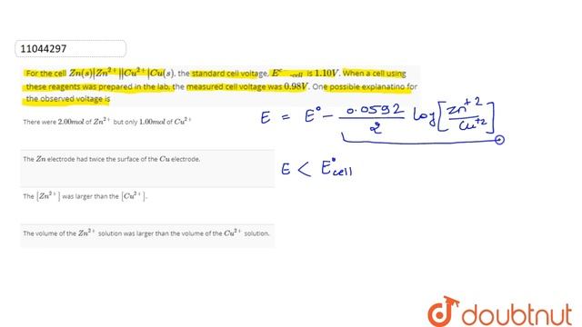 For the cell `Zn(s)|Zn^(2+)||Cu^(2+)|Cu(s)`, the standard cell voltage, `E^(c-)._(cell)` is `1.1... смотреть онлайн