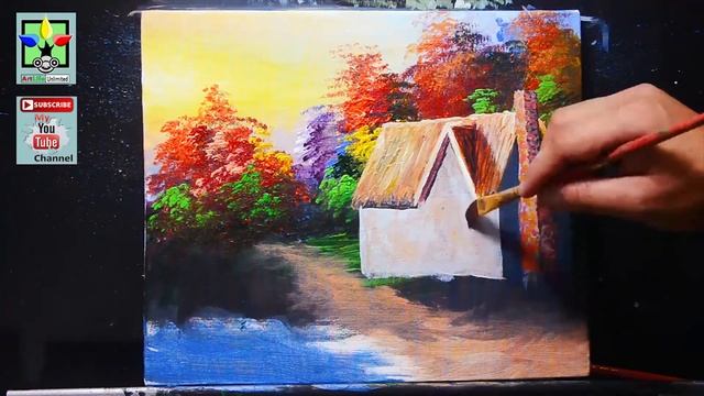 Acrylic Landscape Painting Tutorial House And Autumn Trees During Sunset | ACRYLIC PAINTING TUTORIA
