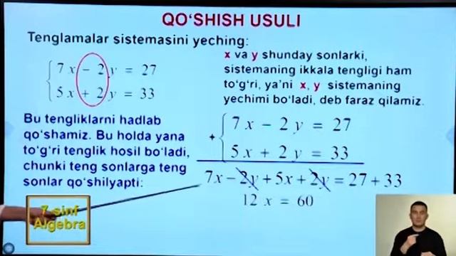 7-sinf | Algebra | 27-dars | Qo'shish Usuli.