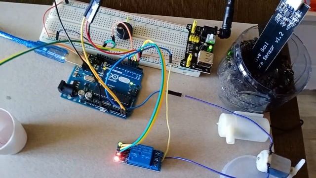 Arduino Uno (+TinyGo), датчики влажности почвы и уровня воды, помповый насос (видео к статье)