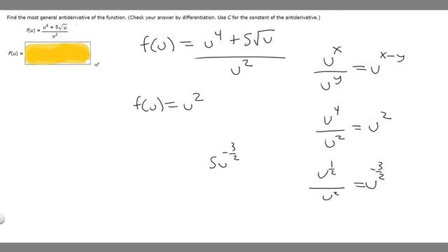 Find the most general antiderivative of the function. Use C. f(u) = u^(4) + 5sqrt(u)/(u^(2)). смотреть онлайн