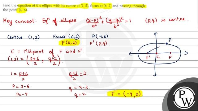Find the equation of the ellipse with its centre at \( (1,2) \), focus at \( (6,2) \) and passin... смотреть онлайн