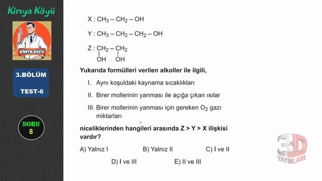 3D ORGANİK KİMYA | 3.BÖLÜM - TEST-6 | Alkollerin Fiziksel ve Kimyasal Özellikleri-1 смотреть онлайн