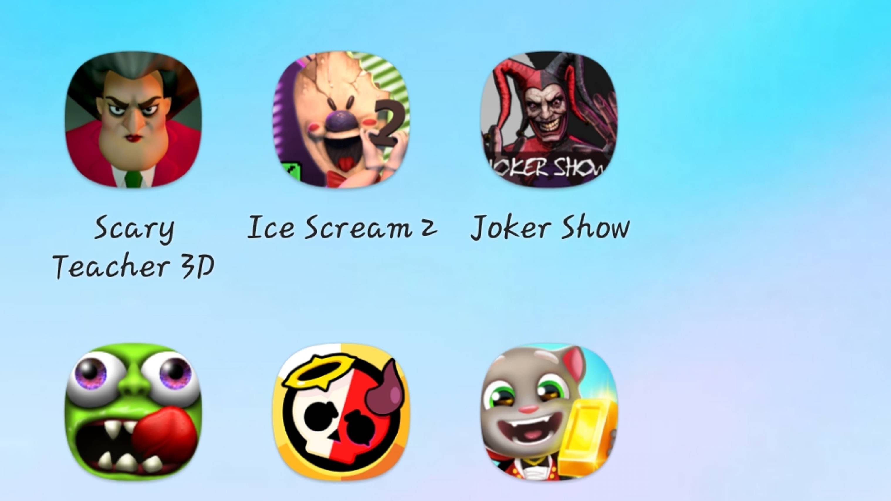 Scary Teacher 3D,Ice Cream 2,Joker Show,Zombie Tsunami,Brawl Stars,Том за золотом.