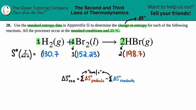 16.28b | Determine the change in entropy for H2(g) + Br2(l) → 2HBr(g) смотреть онлайн