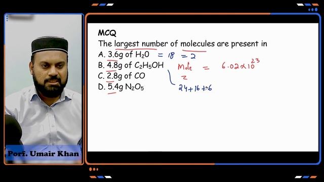 The largest number of molecules are present in A. 3.6g of H20 B. 4.8g of C2H5OH... (NMDCAT 2022) смотреть онлайн