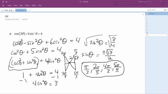 cos(2x) + 6sin^2(x) = 4 смотреть онлайн