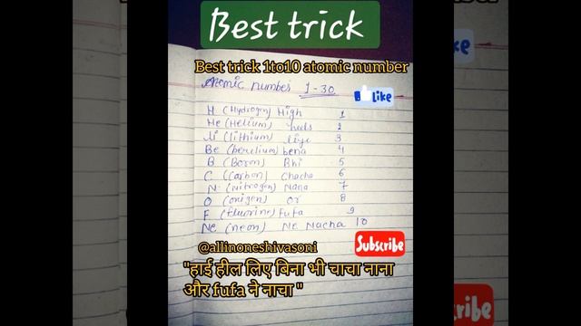 #Best trick to remember 1to10 atomic number @allinoneshivasoni смотреть онлайн