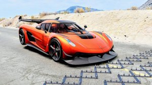 Массовые автомобильные аварии с шипами на полосе #122 – BeamNG Drive