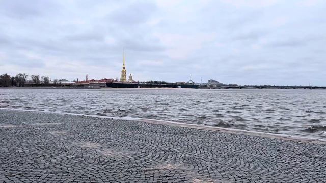 Вид на Петропавловскую крепость и брусчатку стрелки Васильевского острова в Санкт-Петербурге смотреть онлайн