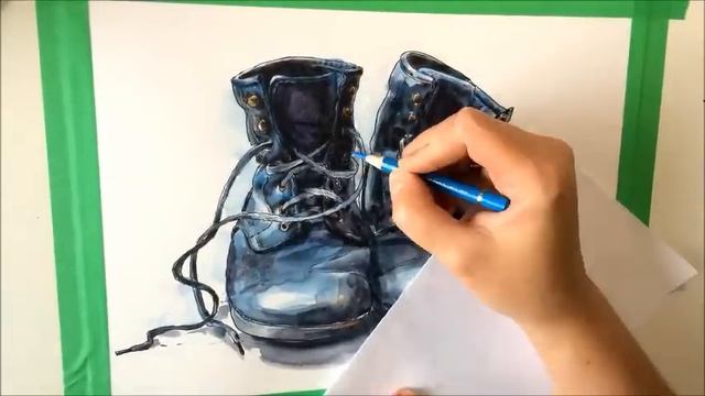 Pen Line Watercolor Colored Pencils SPEEDPAINT Boots Illustration by Christine Karron #inkdrawing смотреть онлайн