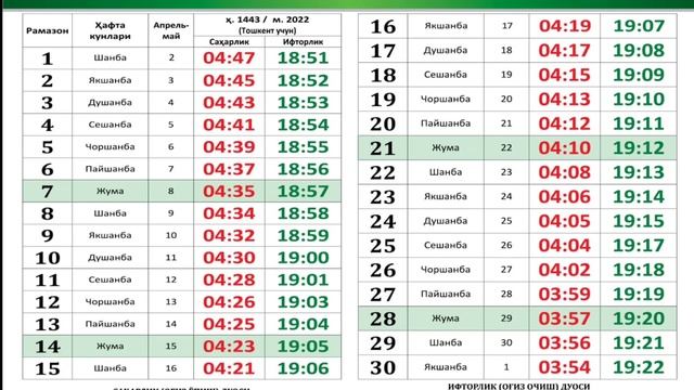 RAMAZON TAQVIM. РАМАЗОН ТАКВИМ. 2022 ЙИЛ. RAMADAN