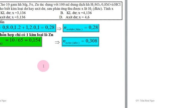 Cho 10 gam hh Mg, Fe, Zn tác dụng với 100 ml dung dịch hh H2SO4 0,8M và HCl 1,2M.KL dư hay axit dư, смотреть онлайн