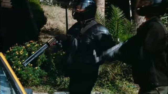 Bad guy henchmen with uzi in kevlar motorcycle body armor and leather смотреть онлайн