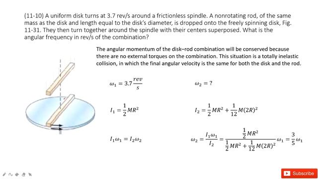 (11-10) A uniform disk turns at 3.7 rev/s around a frictionless spindle. A nonrotating rod, of the смотреть онлайн