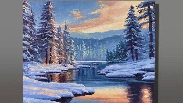 Нарисуем красивый зимний лес в закатном освещении / Урок акриловой живописи