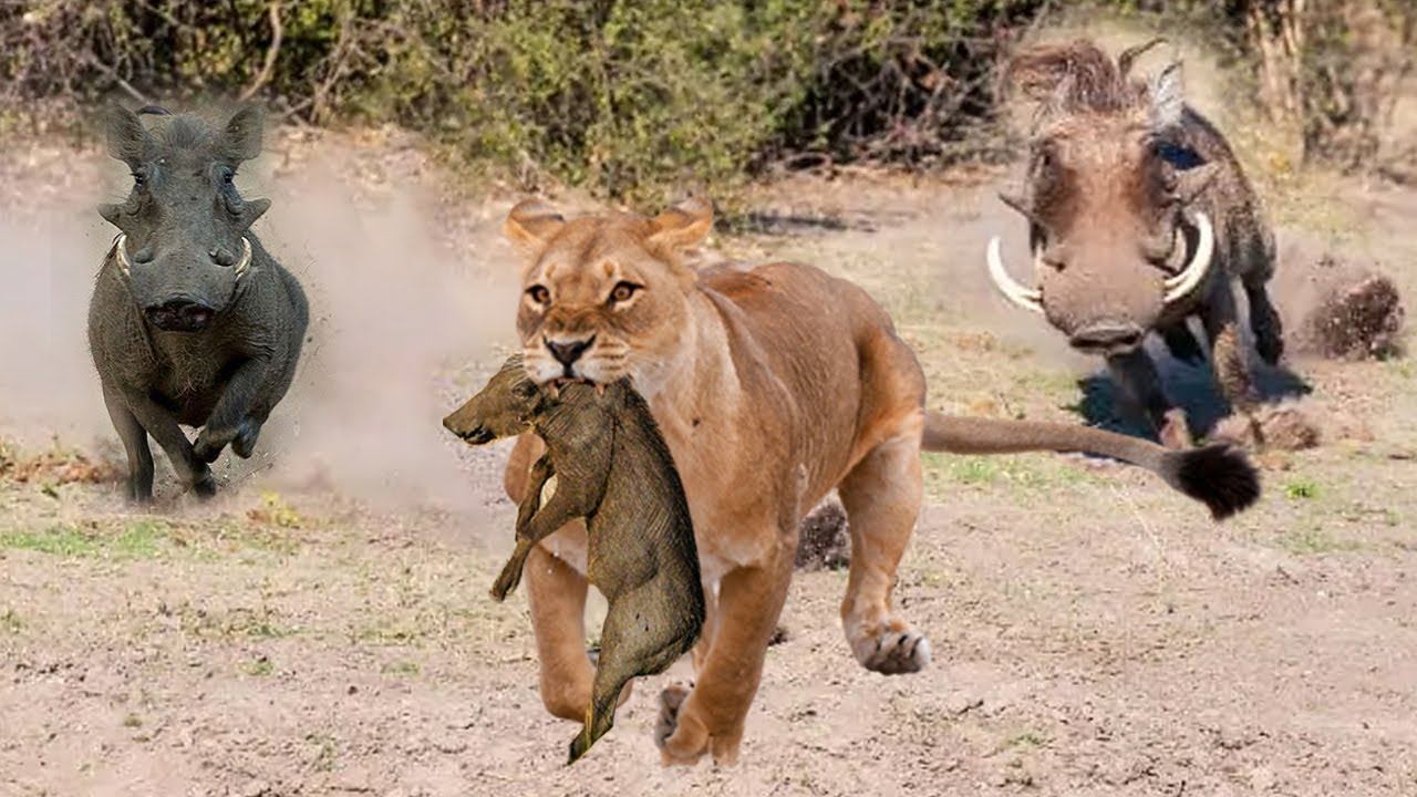 Unbelievable! Brave Warthog Parents Is Determined To Chase And Attack Lion To Get Their Baby Back смотреть онлайн