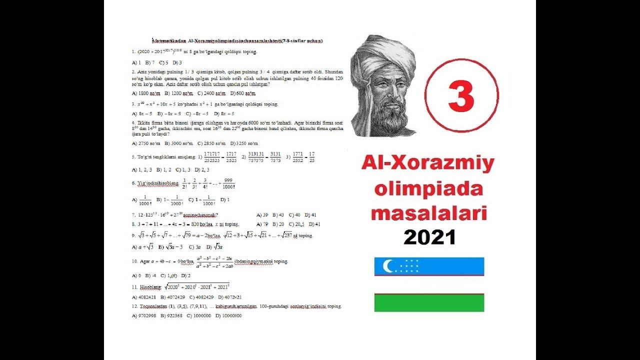 Matematika Olimpiada Masalalari Al-Xorazmiy Olimpiadasiga Tayyorgarlik 2020-yil Tushgan Misollar