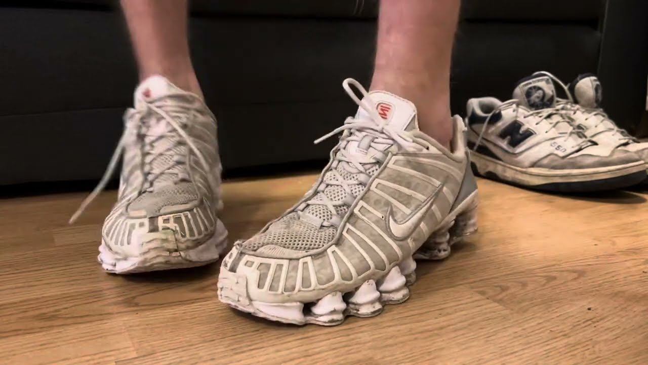Shoeplay And Stomping In Nike Shox TL White Metallic & New Balance 550 Navy Blue