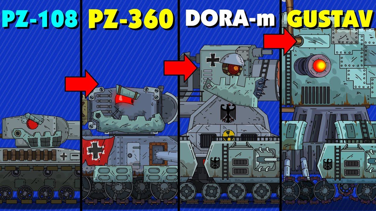 Эволюция Гибридов PZ-108 vs PZ-360 vs DORA-m vs GUSTAV - Мультики про танки смотреть онлайн