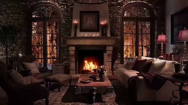 Гостиная, зима, камин