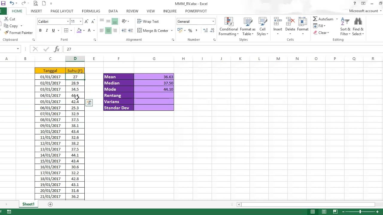 Mencari Mean, Median, Modus, Varians, dan Standar Deviasi Data Tunggal menggunakan Ms Excel смотреть онлайн