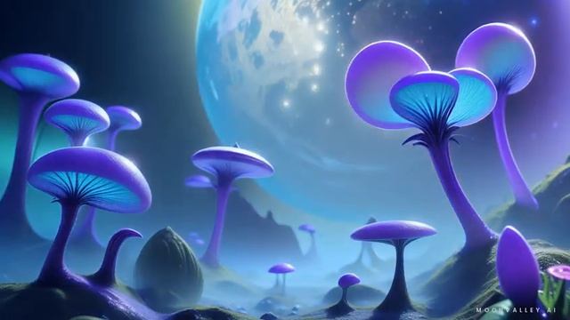 Alien planet fauna, sparkling slowly from mist, close up, purple, blue, green смотреть онлайн