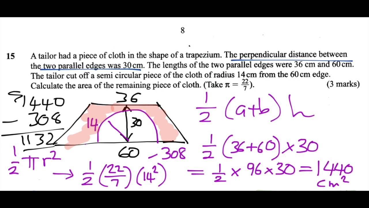 KCSE 2015 Mathematics Paper 1: Question 15 Areas [trapezia and semi circles] смотреть онлайн