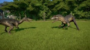 Аллозавр против Барионикса в Jurassic World Evolution
