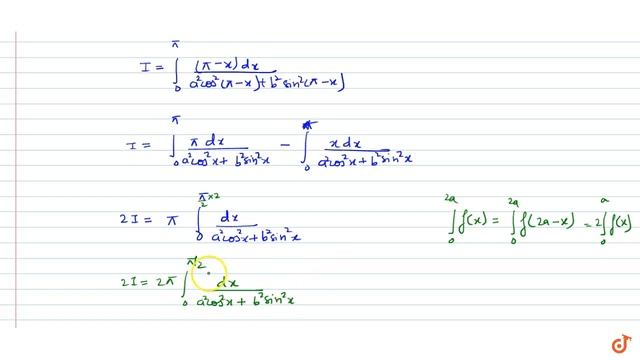 Evaluate `int_0^pi (xdx)/(a^2dotcos^2x+b^2sin^2x)`... смотреть онлайн