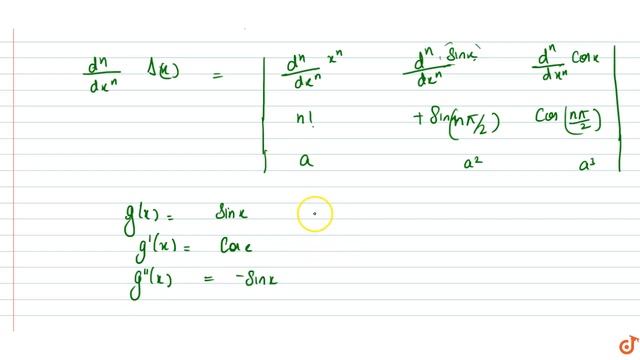 If `A(x)=|(x^n,sinx,cosx),(n !,sin((npi)/2),cos((npi)/2)),(a,a^2,a^3)|`, then the value of ` смотреть онлайн