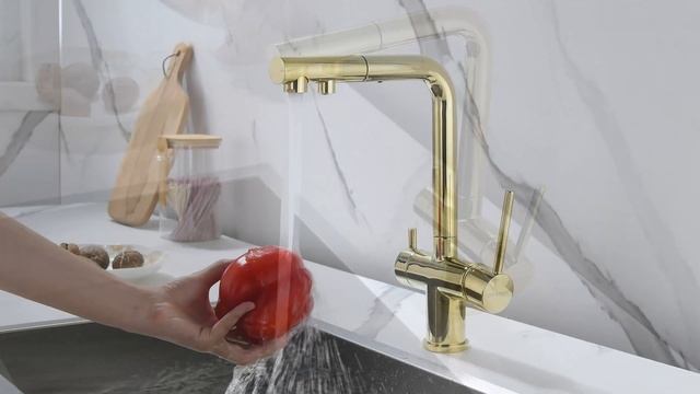 Смеситель Paulmark Serpentine Se213222-G для кухонной мойки с фильтром для питьевой воды, золото смотреть онлайн