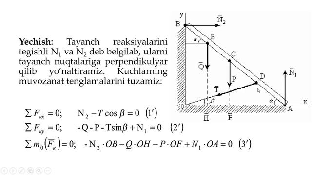 Tekislikdagi Kuchlar Sistemasining Muvozanat Shartiga Doir Masalalarni Yechish