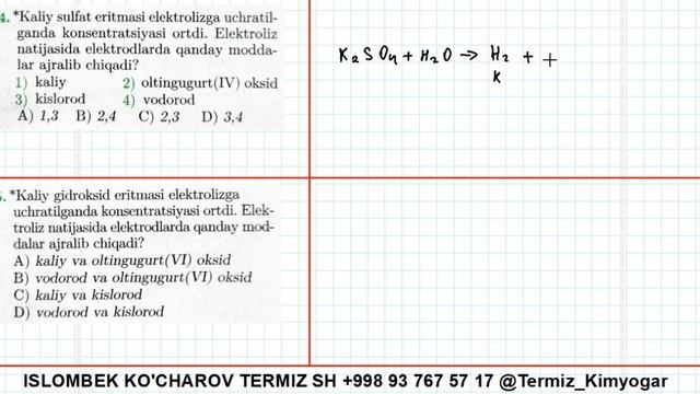 Elektroliz. Faradey Qonunlari. I-darajali Testlar. Mega Kimyo Yechimlari. Islombek K'charov.