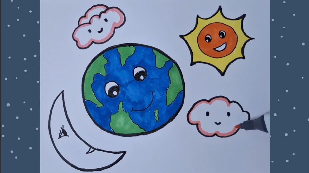 How To Draw Earth, Sun, Moon And Cloud Drawing, Painting And Coloring For Kids, Toddlers |