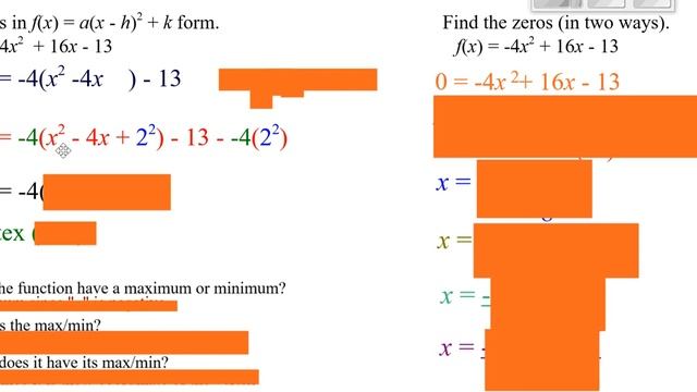Quadratic Functions vertex form max min zeros смотреть онлайн
