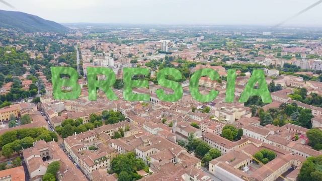 Inscription on video. Brescia, Italy. Sant Afra, Brescia. Arnaldo Square. Text furry, Aerial View смотреть онлайн