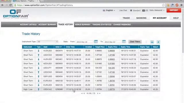 Демонстрация истории торгов по стратегии AF Binary 60S смотреть онлайн