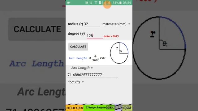 ARC LENGTH, CIRCLE CALCULATOR, with unit converter смотреть онлайн