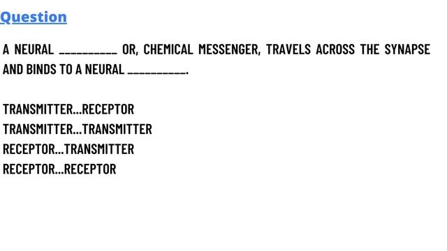 A neural __________ or, chemical messenger, travels across the synapse and binds to a neural смотреть онлайн