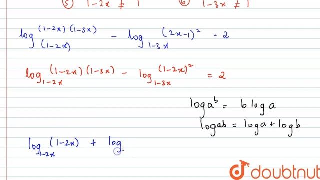 Solve : log_(1-2x)(6x^(2)-5x+1)-log_(1-3x)(4x^(2)-4x+1)=2 | 12 | QUADRATIC EQUATIONS & INEQUATI... смотреть онлайн
