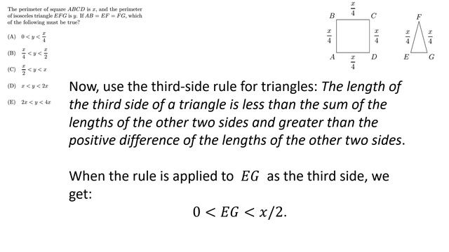 SAT Prep - The perimeter of square ABCD is x, and the perimeter of isosceles triangle EFG is y. смотреть онлайн