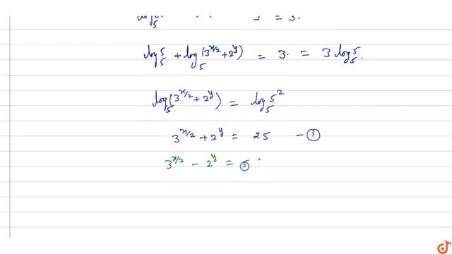If `log_5(3^x-4^y)=3 and 3^(x/2)-2^y=5,` then `x/y` is equal to смотреть онлайн
