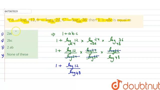 If a=log_(24)12,b=log_(36)24,C=log_(48)36. then 1+abc is equal to | CLASS 14 | LOGARITHMS | MAT... смотреть онлайн