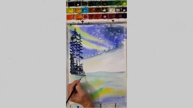 Как да нарисуваме Полярно сияние и ескимос/ Aurora borealis с акварел смотреть онлайн