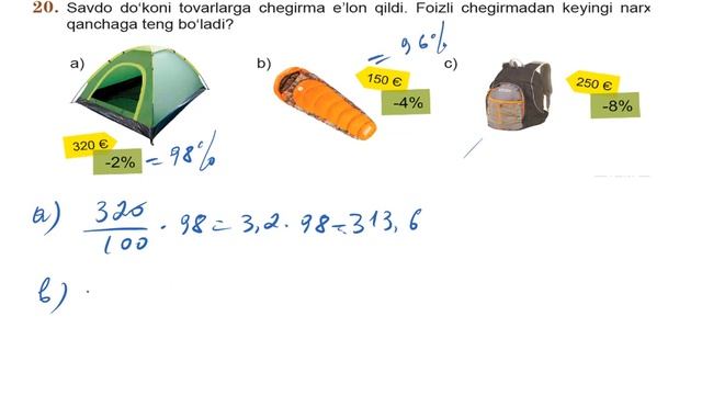 6 Sinf Matematika Sonning Foizi Foiziga Ko'ra Sonni Topish Mavzusi Yechimlari 20 Mashq