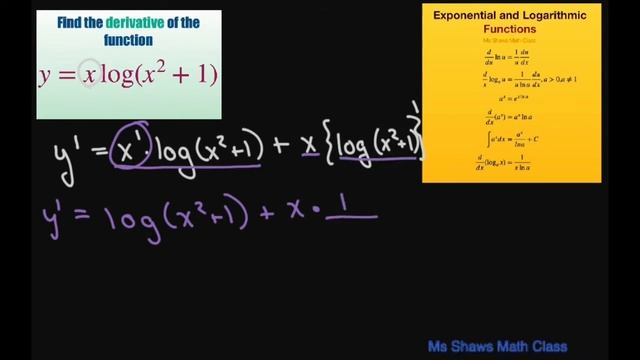 Find the derivative of the function y = x log (x^2 +1). смотреть онлайн