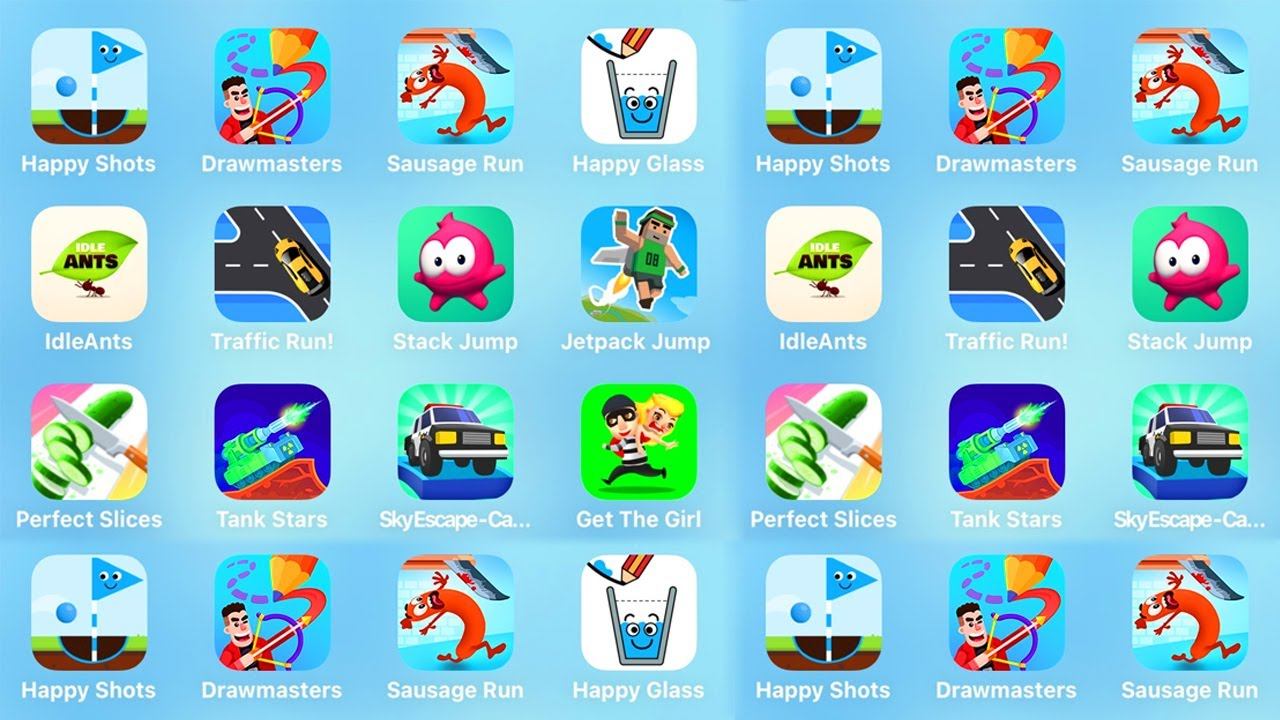 Happy Shots, Drawmasters, Sausage Run, Happy Glass, Idle Ants, Traffic Run, Stack Jump, Jetpack Jum смотреть онлайн